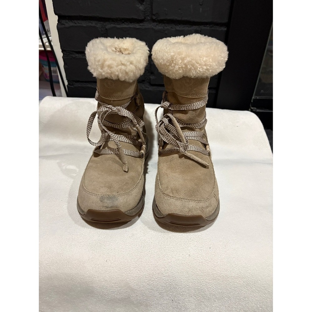 Ulu Womens Waterproof Suede Winter Boots Tan Lace Up Shearling Trim Size 8 - Picture 1 of 8